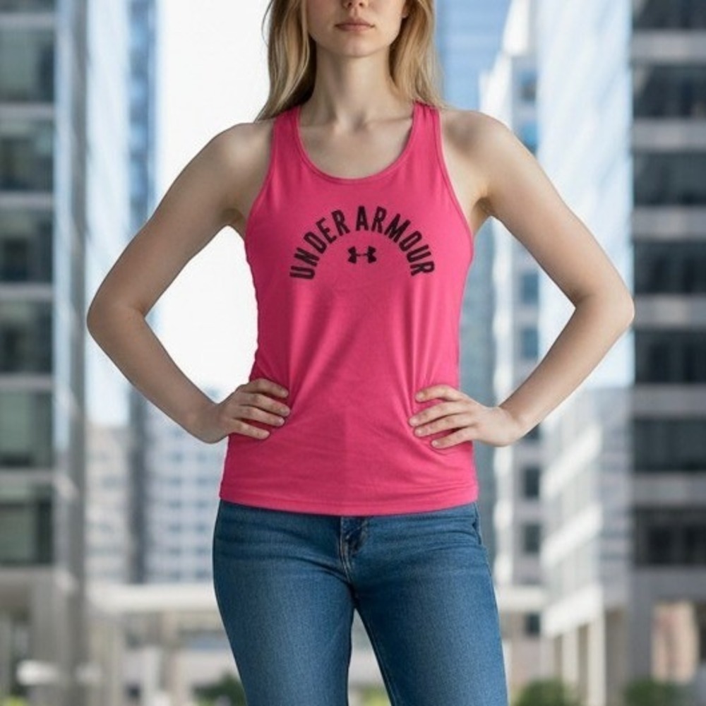 Under Armour (Tank Top) (M) Women Pink Excellent HeatGear Racerback Logo Active